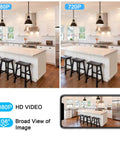 Wireless Security Camera E4 1080P HD Indoor WiFi Cam video quality comparison 1080P vs 720P in a modern kitchen setting