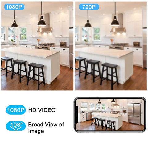 Wireless Security Camera E4 1080P HD Indoor WiFi Cam video quality comparison 1080P vs 720P in a modern kitchen setting