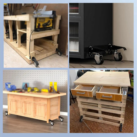 Smooth Rollin Heavy Duty Workbench Casters Kit With Four Polyurethane Wheels And Kick Step Lift Riser in garage furniture configurations.