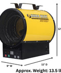 Heavy Duty 240V Electric Forced Air Heater With Wireless Remote Control 12800 BTU Portable Garage Workshop Space Warmer side view with dimensions.