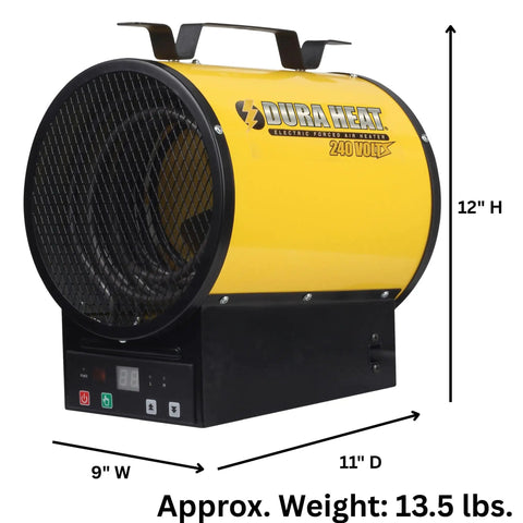Heavy Duty 240V Electric Forced Air Heater With Wireless Remote Control 12800 BTU Portable Garage Workshop Space Warmer side view with dimensions.