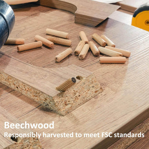 Beechy Beechwood Dowel Pins For Woodworking 200 Pcs Fluted Dowels Quarter Inch By One And A Quarter Inch Hardwood Craft Pegs displayed on wood surface