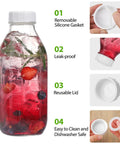 32 Oz Glass Milk And Juice Bottle Set With No Leak Airtight Screw Lid And Silicone Gasket, close-up with red drink and fruits