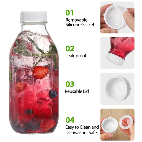 32 Oz Glass Milk And Juice Bottle Set With No Leak Airtight Screw Lid And Silicone Gasket, close-up with red drink and fruits