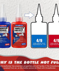 Front view of Bondtech thread locker bottles: blue medium-strength and red high-strength, 50 ml each.