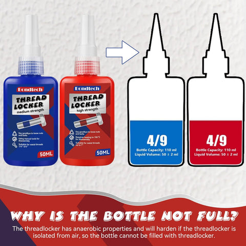 Front view of Bondtech thread locker bottles: blue medium-strength and red high-strength, 50 ml each.