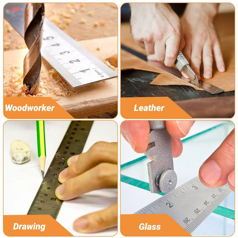 Workhorse Stainless Steel Ruler with non-slip cork back used in woodworking, leatherworking, drawing, and glass cutting.