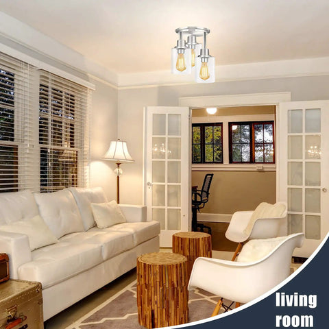 Living room with 3 Light Semi Flush Mount Ceiling Light With Brushed Nickel Finish And Clear Seeded Glass Shades, modern decor.