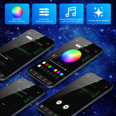 Smartphone screens showing app interface for Dual Port 20W Twinkle RGBW Light Source Engine Driver For Fiber Optic Star Ceiling Lights