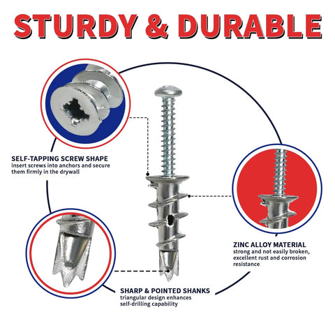 DIY Drywall Anchors And Screws Kit With 200 Self Drilling Anchors showing self-tapping and zinc features