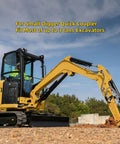 Yellow mini excavator with quick change hitch for small diggers, fits most 3-ton excavators, shown on a construction site.