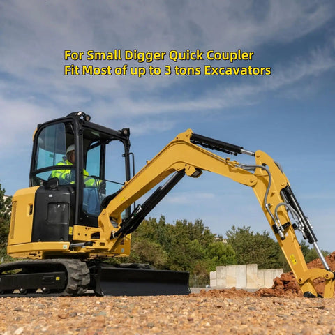 Yellow mini excavator with quick change hitch for small diggers, fits most 3-ton excavators, shown on a construction site.