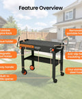 Folding Grill Table For 17 Inch And 22 Inch Griddles, Tailgate Ready Portable Grill Cart with features highlighted outdoors.