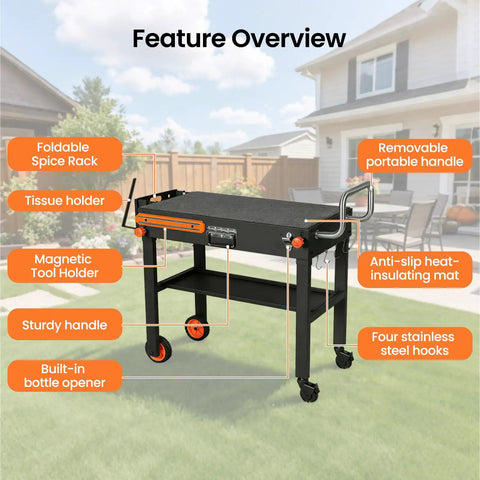 Folding Grill Table For 17 Inch And 22 Inch Griddles, Tailgate Ready Portable Grill Cart with features highlighted outdoors.