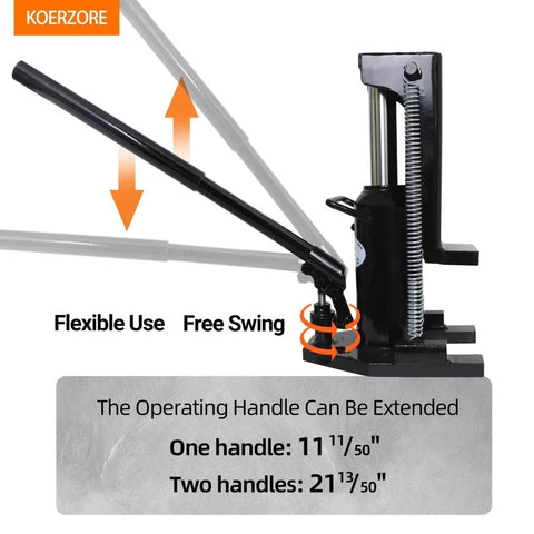 Dual-Function 2.5 Ton Toe Jack and 5 Ton Heavy-Duty Hydraulic Floor Jack with extendable handle, showing flexible use and free swing.