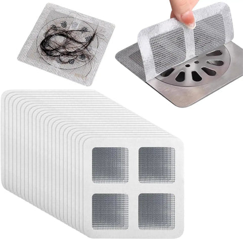 Nukinp Disposable Hair Drain Stickers, 60 Pack 4x4 fiberglass drain covers with hair samples in use above a drain.