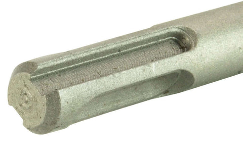 Masonry drill bit shank (SDS) close-up; silver metal with knurled grip