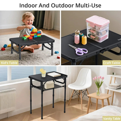 Foldable Camping Table With Storage Net Grab-And-Go Lightweight Aluminum Outdoor Table used as kids, craft, and vanity table