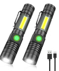 Rechargeable Tactical Flashlight With USB Magnetic Mount 4 Models Zoomable LED Beam COB Side Light Waterproof Handheld Torch High Lumen Bright For Camping Indoor Outdoor Use 2 Pack shown with USB cable.