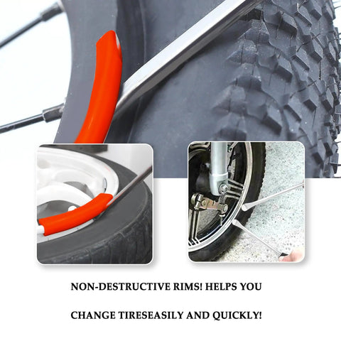 Heavy Duty Tire Spoon Lever Tool Set With 3 Spoons And 2 Rim Protectors in use on motorcycle tire