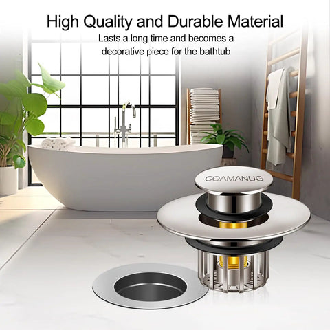 Tough As Nails Pop Up Tub Stopper With Integrated Hair Catcher And Fine Mesh Strainer in a modern bathtub setting.