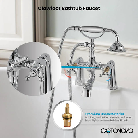 Clawfoot Bathtub Faucet With Handheld Shower Set Chrome Polished Finish, Victorian Telephone Sprayer, Double Cross Handles