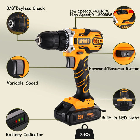 20V Cordless Drill Kit With 30-Piece Bit Set, Dual 2Ah Batteries, 310 In-Lb Torque, 25+2 Clutch, Keyless Chuck and features