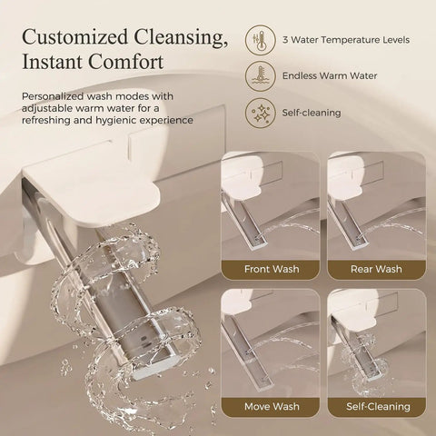 Butter Smooth Tankless Electric Bidet Toilet Seat With Instant Warm Water Wash And Dual Spray Cleaners Fits Round And Elongated Bowls showing adjustable nozzles for front and rear wash.