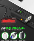 Lit Ultra Bright Bike Light Set Front And Rear USB Rechargeable Headlight And Taillight beside charging icons