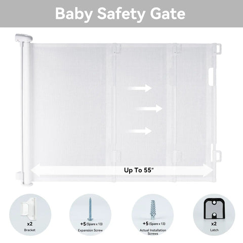 Retractable Baby Gate For Stairs And Doors Indoor Outdoor Safety Gate Extends Up To 55 Inches Wide And 35 Inches High Mesh Barrier