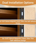 Ultra Thin Magnetic Cabinet Catch Set 12 Pack Stick On Drawer Magnets And Cabinet Latch Closures For Kitchen Cabinets Doors And Closets No Bulk Hidden Three Point Six Five Millimeters Thick, showing dual installation on wooden cabinet.
