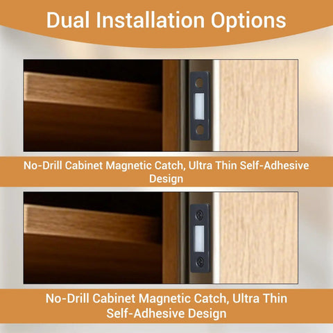 Ultra Thin Magnetic Cabinet Catch Set 12 Pack Stick On Drawer Magnets And Cabinet Latch Closures For Kitchen Cabinets Doors And Closets No Bulk Hidden Three Point Six Five Millimeters Thick, showing dual installation on wooden cabinet.
