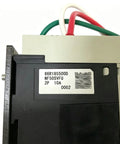 Mitsubishi NF50SVFU 2P 10A molded case breaker side view with red, white, green wires for CNC cabinet use