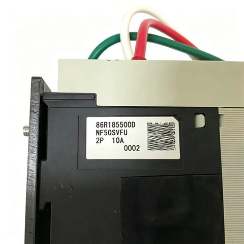 Mitsubishi NF50SVFU 2P 10A molded case breaker side view with red, white, green wires for CNC cabinet use