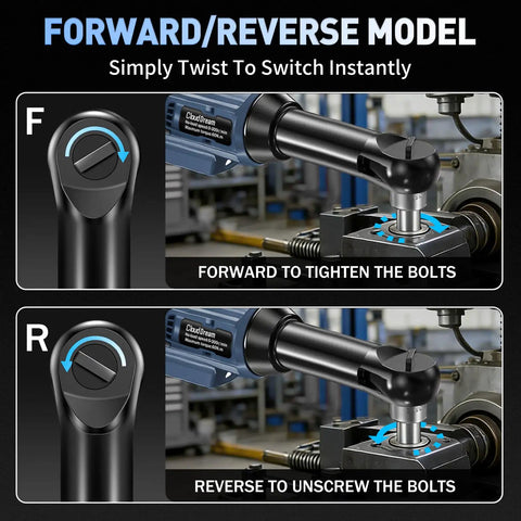 Cordless Electric Ratchet Wrench Three Eighths Inch 16V Power Tool in forward and reverse mode, showing tightening and unscrewing bolts.