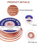 Close-up of 10ft Desoldering Wick Braid for Electronics Repair, labeled with specifications and features on white background.