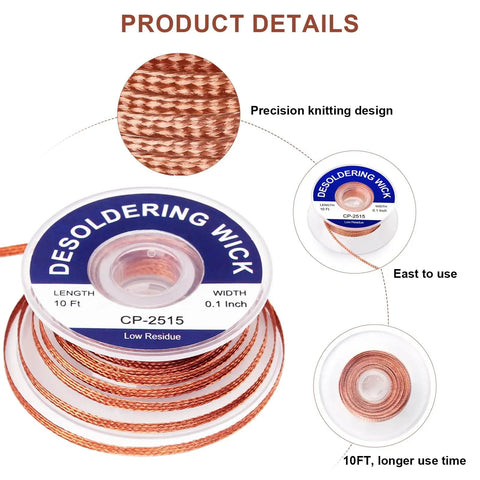 Close-up of 10ft Desoldering Wick Braid for Electronics Repair, labeled with specifications and features on white background.