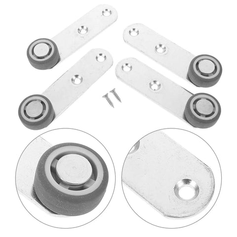 Buttery Smooth 4 Pack Sliding Door Pulley Wheels With Silent Rubber Bottom Rollers, silver metal plates with black wheels.