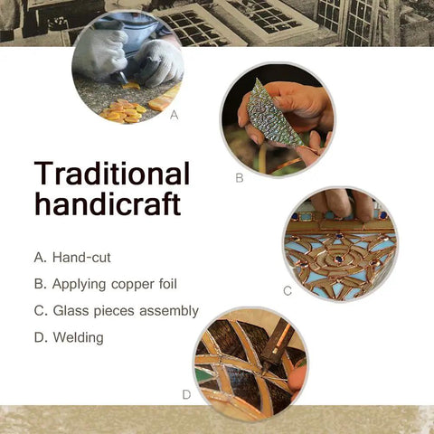 Traditional handcraft steps for Butterfly Lily Flower Tiffany Style Stained Glass Accent Table Lamp creation, including hand-cutting.