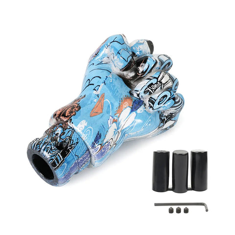 Cool Fist Style Gear Shift Knob With Resin Mixed Pattern For Manual Cars Easy Grip Street Graffiti Design Upgrade Shifter Handle No Mod Needed, blue resin with adapters