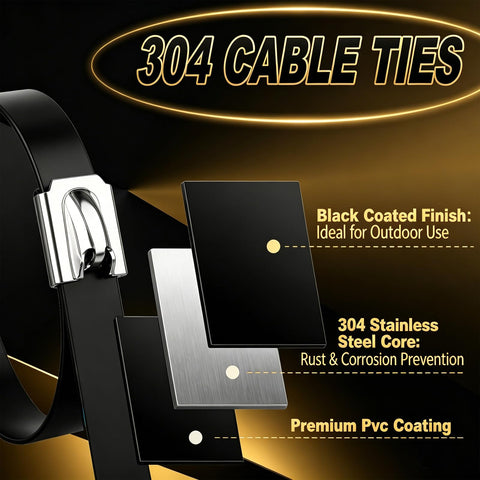 Heavy Duty Beefed Up Black Galvanized Steel Cable Ties Kit With Tie Gun Screwdriver And Protective Gloves 11.8 Inch 304 Stainless Metal