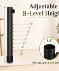 Kick Your Daily Desk Setup Up A Notch With These Heavy Duty Adjustable Table Leg Extenders showing 8-level height adjustment, 14 inches tall, black steel construction.