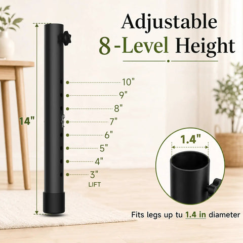 Kick Your Daily Desk Setup Up A Notch With These Heavy Duty Adjustable Table Leg Extenders showing 8-level height adjustment, 14 inches tall, black steel construction.