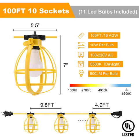 Diagram of Rugged 100 Ft Construction String Lights With 11 Bulbs, 100W, E26 Base, showing dimensions and specifications.