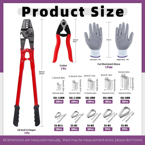 123 Piece Wire Rope Hand Swager Crimping Tool Kit With 24 Inch Cable Cutter Aluminum Loop Sleeves Aircraft Grade Rope Thimbles 304 Stainless Thimbles Protective Gloves And More For DIY Rigging shown with product sizes