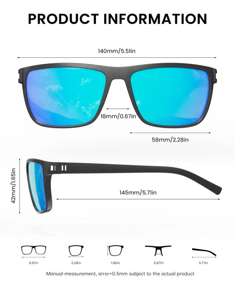 Polarized Square Sunglasses For Men And Women, UV Protection, Classic Black Frame For Fishing Driving Golf with dimensions