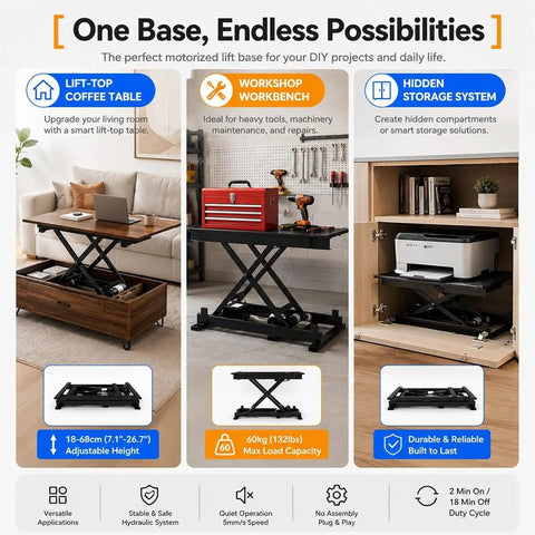 Heavy Duty Electric Scissor Lift Table With 60kg Load Capacity And Adjustable Height Of 7.1 To 26.7 Inches, featuring workshop and coffee table applications.