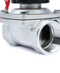 1-1/2 inch stainless steel solenoid valve, front view with threaded port and red electrical leads