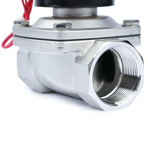 1-1/2 inch stainless steel solenoid valve, front view with threaded port and red electrical leads