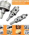Front view of three-piece 2-inch tungsten carbide TCT hole saw kit with spring-loaded pilot drill bits